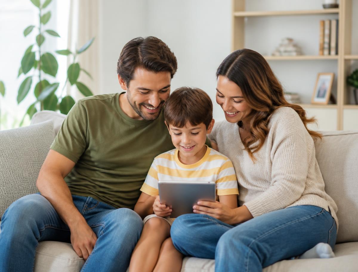 Família a consultar conteúdos de literacia financeira num tablet